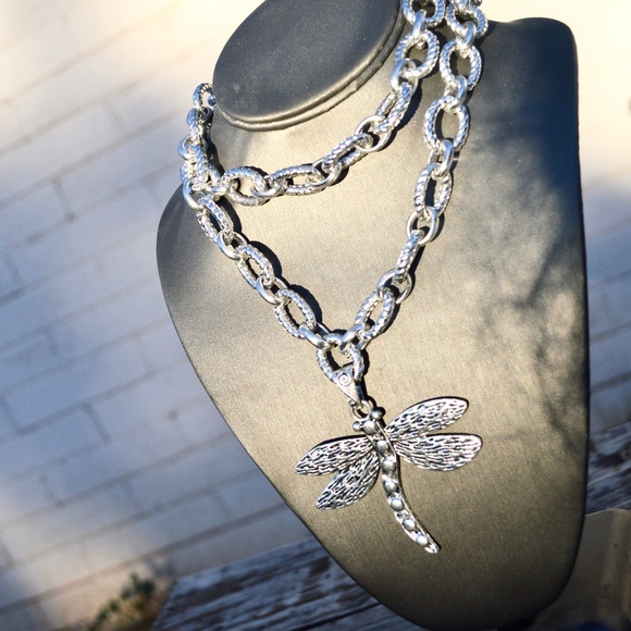 Silver DragonFly Huge Pendant Statement Necklace - Picture 4 of 7